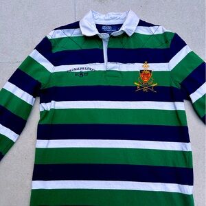 Size:M White, Green & Navy Blue Vintage Long-Sleeve Polo by Ralph Lauren